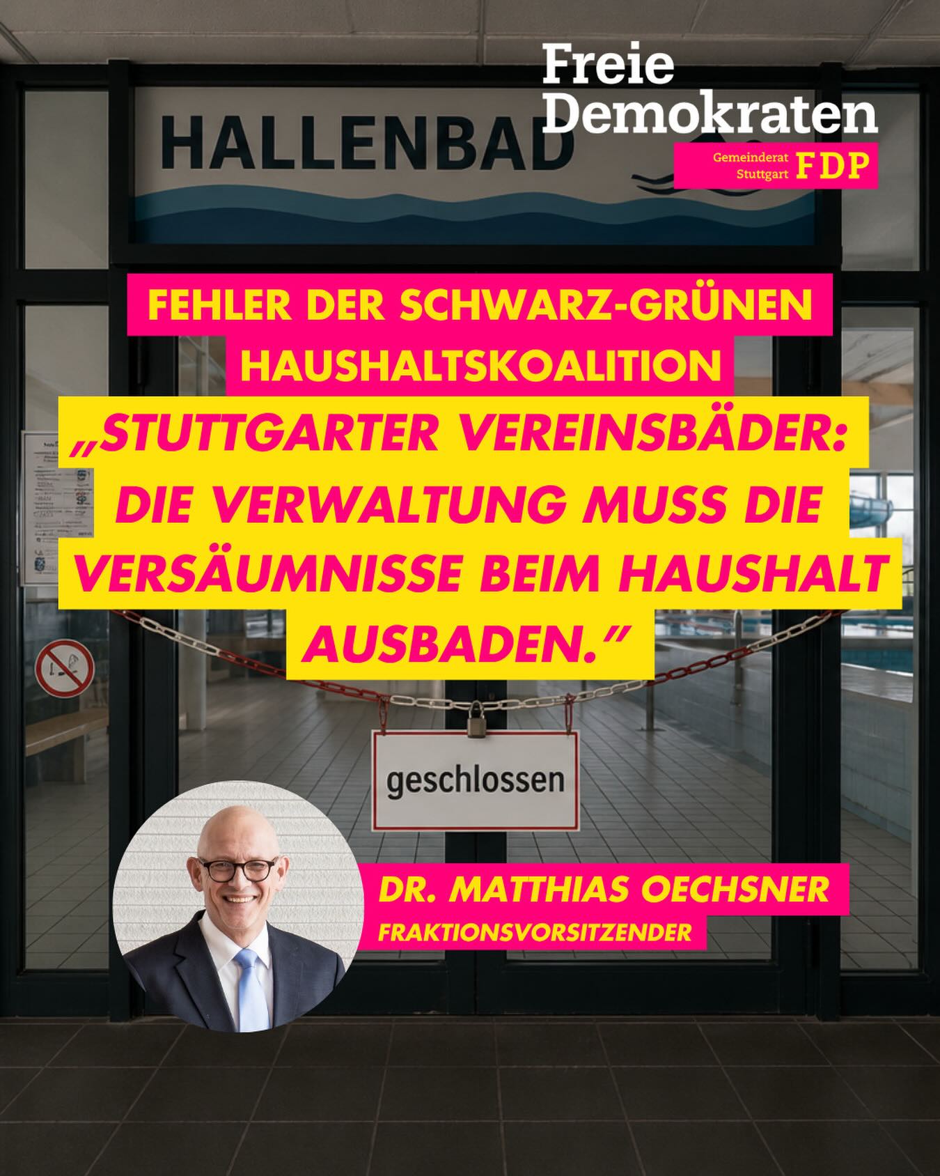 🛟 Stuttgarter Vereinsbäder – Jetzt muss die Verwaltung die Fehler der Grün-Schwarzen Haushaltskoalition ausbaden🙇🏻
Schon nach 4 Monaten zeigen sich die Auswirkungen der falschen Prioritätensetzung beim Doppelhaushalt, den wir wegen der Gewerbesteuererhöhung abgelehnt haben. Nicht nur aus liberaler Grundüberzeugung, dass Steuererhöhungen in Krisenzeiten die Leistungsträger noch weiter schwächen und damit für eine Abwärtsspirale sorgen können. Wir sind auch enttäuscht von der mangelnden Bereitschaft zu harten Sparmaßnahmen bei dem, was über grundlegende Versorgung – wie zum Beispiel Schwimmbäder – hinausgeht. Vorschläge von uns gab es dazu genug📝
🚃 Daseinsvorsorge vor “Nice-to-Have” – Nach dieser Devise wäre ausreichend Sparpotenzial gewesen, um den Haushalt ohne Steuererhöhungen zu stabilisieren.
💸 Stattdessen: die Haushaltskoalition wollte unbedingt ihre teuren Projekte durchdrücken. Stuttgart-Sign, SMIC, massive Fördermittel für grünen Solar- und Heizungsbau, die nur Mitnahmeeffekte für Gutverdiener bedeuten – all das und mehr muss jetzt wegen der prekären Haushaltslage durch Mehreinnahmen finanziert werden.
🏫 Was stattdessen auf der Strecke bleibt: Bildung und Infrastruktur – die falsche Priorisierung.
🤝🏻 Öffentlich-Private-Partnerschaften (PPPs) sind aus unserer Sicht die Lösung – privates Kapital entlastet den öffentlichen Haushalt.
Was meint ihr, wurde beim Haushalt der Fokus nicht aufs Wesentliche gelegt? Schreibt es uns in die Kommentare⬇️
#stuttgart #fdp #gemeinderat #haushalt #ppp schwimmbad bildung infrastruktur