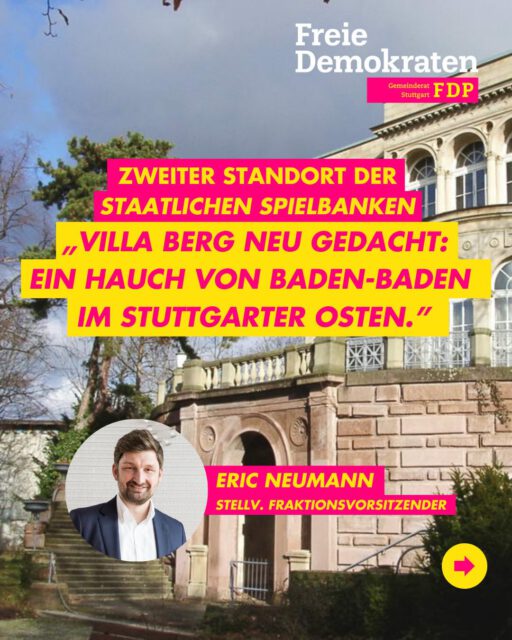 ✨Ein Funken Glamour für den Stuttgarter Osten🃏
In der aktuellen Haushaltslage ist ein Umdenken bei der Finanzierung von prestigeträchtigen Großprojekten unumgänglich. Was über die Daseinsvorsorge hinaus geht – von uns gerne als „Nice-to-Have“ bezeichnet –, muss in diesen Zeiten zurückstehen. Am Beispiel der Villa Berg präsentieren wir einen neuen Ansatz: die Villa als zweiter Standort für die Baden-Württembergischen Spielbanken in Stuttgart🤝🏻
🏦 Finanzierung als ÖPP – Mit privaten Mitteln von Investoren wird die Millionensanierung finanziert, während öffentliche Mittel in Bildung und Infrastruktur fließen werden können.
📍Optimaler Standort – Hier könnte eine Angebotslücke in Richtung Heilbronn und Göppingen/Aalen mit dem zusätzlichen Standort geschlossen werden.
💎 Baden-Baden 2.0 – Wir stellen uns ein Rundumerlebnis mit exklusiver Gastronomie, Spielbank und grünem Park in unmittelbarer Nähe zu den Stuttgarter Bädern vor. Die bereits genehmigte Tiefgarage passt perfekt ins Konzept.
Damit würde ein echter Publikumsmagnet im Stuttgarter Osten entstehen, was nicht nur Entlastung für den städtischen Etat, sondern auch neue Arbeitsplätze und erhebliche Parkgebühren-, Pacht- und Steuereinnahmen bedeuten würde📈
Wie siehst du unsere Idee, bereit für Wellness und Roulette? Schreib es uns in die Kommentare⬇️
#stuttgart #fdp #gemeinderat #haushalt #villaberg
