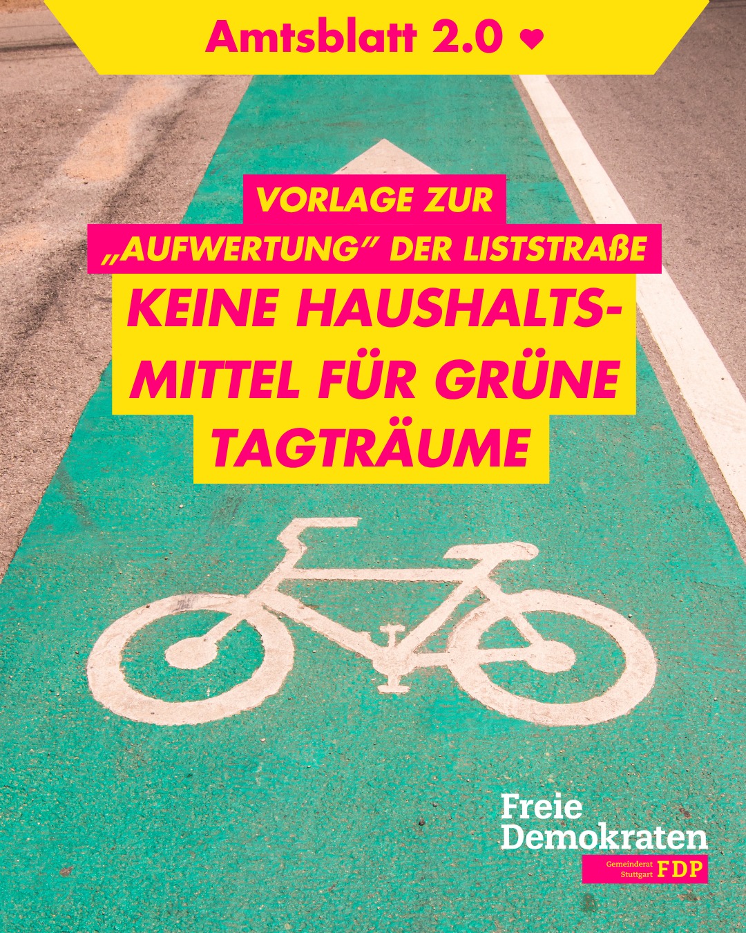Keine Haushaltsmittel für grüne Tagträume. 🚫
Hinter harmlosen Titeln wie „Aufwertung der Liststraße" verbergen sich allzu oft Projekte zu siebenstelligen Kosten, die die autofreie Innenstadt durch die Hintertür erzwingen sollen – diesmal für 1,5 Mio. Euro. Gleichzeitig mahnt selbst Finanzminister Bayaz die Kommunen, sich aufs Wesentliche zu konzentrieren. Eine Quartiersgarage sucht man in der Vorlage vergeblich.
Was wir fordern:
🔍 Erst klären, dann beschließen: Die Verwaltung soll prüfen, ob Fördermittel aus dem neuen Koalitionsvertrag fließen können – bis dahin haben wir die Vertagung beantragt.
🅿️ Falsche Prioritäten: 1,5 Mio. Euro für Lastenrad-Fantasien, aber keine Quartiersgarage. Das spiegelt nicht die Realität der Menschen in diesem Quartier wider.
📉 Die Zeit solcher Projekte ist vorbei: Auf allen Ebenen schrumpfen die Etats – „Nice-to-Have" darf keine Haushaltskategorie mehr sein.
Unser Appell ans ökosoziale Ausgaben-Lager: Den eigenen Finanzminister ernst nehmen.
👉 Wo zieht ihr die Grenze zwischen notwendiger Infrastruktur und politischen Wunschprojekten?
#Stuttgart #Haushalt #FDPStuttgart #Kommunalpolitik