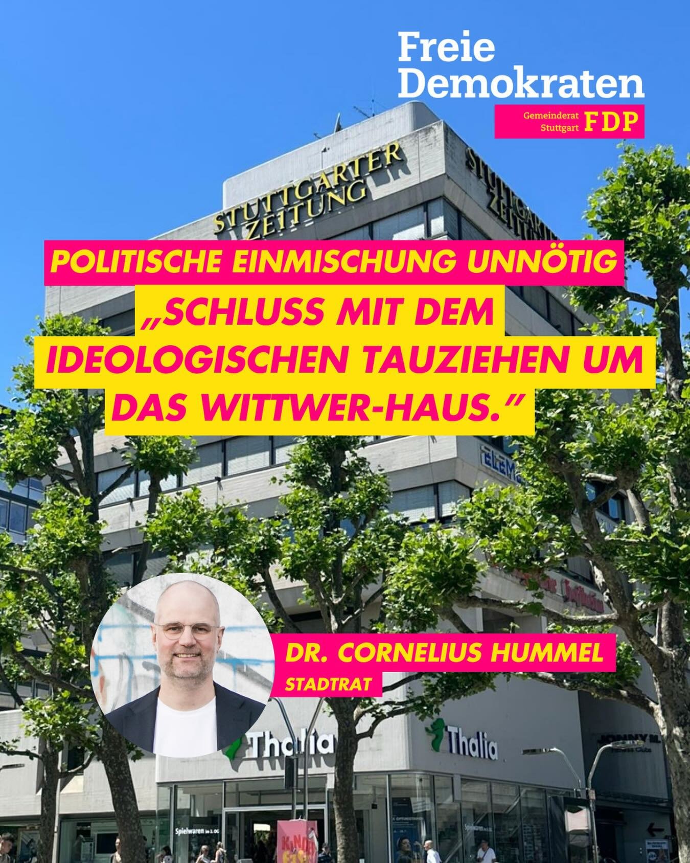 ❌Keine politische Einmischung beim Wittwer-Haus🏗️
In immer schärfer werdendem Ton fordern Aktivisten den Erhalt des baufälligen Betongiganten des Brutalismus. Unserer Ansicht nach wird das Thema zu einem größeren gemacht als es ist.
🏚️ Baufällig und nicht mehr sicher – Brand- und Erdbebenschutzstandards werden nicht mehr erfüllt
🗽 Freie Entscheidung des Eigentümers – Die Dinkelacker AG ist in Absprache mit dem Baurechtsamt zu dem Schluss gekommen, aus wirtschaftlichen Überlegungen das Gebäude zugunsten eines Neubaus abzureißen
💔 Rein emotionale Debatte – Wir wollen stattdessen die Dinkelacker AG in ihrem Bestreben unterstützen, die überdimensionierten Einzelhandelsflächen hin zu einem zeitgemäßen Nutzungsmix zu entwickeln
Unser Vorschlag für die selbsternannten Denkmalschützer: handeln Sie mit der Dinkelacker AG einen Pachtvertrag für das überbaute Grundstück inklusive Übernahme sämtlicher Risiken aus und kümmern Sie sich dann um das baurechtlich nicht mehr zulässige Gebäude. Dem Eigentümer in seine Verantwortung reinreden fällt vermutlich deutlich leichter als sie selbst zu übernehmen.
Wie siehst du den geplanten Abriss? Schreib es uns in die Kommentare⬇️
#stuttgart #fdp #gemeinderat #wittwer