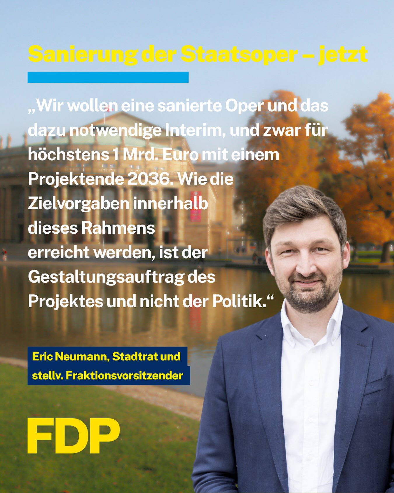 🏗️ Mut zum Loslegen bei der Staatsoper💛
Wir bekennen uns ausdrücklich zur Staatsoper und dem für die Sanierung des historischen Littmann-Baus notwendigen Interim. Der immense gesellschaftliche und vor allem wirt-schaftliche Nutzen für die Landeshauptstadt machen die bedeutende Investition in die Staatsoper zu einem notwendigen und zukunftsträchtigen Projekt. Für uns zeigt sich aber ein grundlegendes Problem: die übermäßig detaillierte politische Einmischung des Rates🗣️
🤝🏻 Expertise der Projektgestalter vertrauen – zu viele kleinteilige politische Vorgaben hemmen Projekte, bis hin zum Erliegen
💡 Unser Vorschlag, den wir heute in einem Antrag formuliert haben: Kostendeckel von maximal 1 Mrd. Euro für das Gesamtprojekt, sowie eine Fertigstellung bis spätestens 2036. Unsere Zustimmung zu weiteren Umsetzungsschritten des Projekts ist abhängig von der Einhaltung dieser grundsätzlichen Vorgaben
Was haltet ihr von der Sanierung der Staatsoper? Schreibt es uns in die Kommentare⬇️
#fdp #stuttgart #gemeinderat #oper