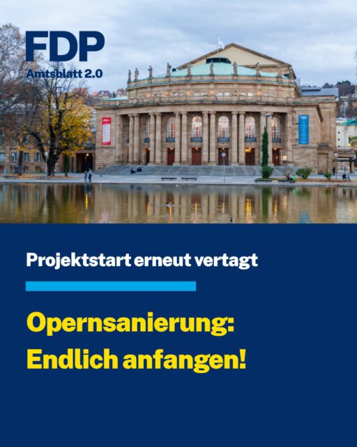 Oper-Sanierung erneut vertagt – frühestens in Monaten geht's weiter. 🎭
Der Gemeinderat ist einem CDU-Antrag auf erneute Vertagung gefolgt, die FDP-Fraktion hat dagegen gestimmt. Wir fordern einen schnellstmöglichen Projektstart und ein Ende der endlosen Detaildiskussionen. Der Rat verzettelt sich im „Wie" und vergisst dabei seine eigentliche Aufgabe: den Rahmen für das „Was" zu setzen.
🎯 Klarer Rahmen statt Kleinklein: Sanierte Oper in 10 Jahren für max. 1 Mrd. Euro – das ist realistisch und genug.
🏛️ Experten ans Werk: Die Projektgesellschaft Württembergische Staatstheater soll das „Wie" ausarbeiten, nicht der Gemeinderat im Detail.
⏳ Zeit kostet Geld: Jede weitere Verzögerung treibt Kosten und Risiko für die Stadt in die Höhe.
Stuttgart kann sich dieses Verschleppen nicht mehr leisten.
👉 Wie seht ihr die Verzögerung – Vorsicht oder verpasste Chance?
Den ganzen Amtsblattartikel gibt es hier: https://fdp-gemeinderat-stuttgart.de/aktuelles/
#FDPStuttgart #Oper #Gemeinderat #Kommunalpolitik