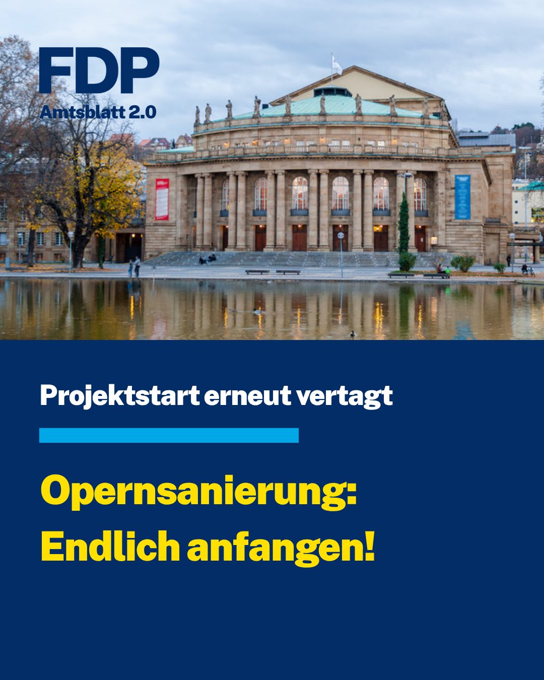Oper-Sanierung erneut vertagt – frühestens in Monaten geht's weiter. 🎭
Der Gemeinderat ist einem CDU-Antrag auf erneute Vertagung gefolgt, die FDP-Fraktion hat dagegen gestimmt. Wir fordern einen schnellstmöglichen Projektstart und ein Ende der endlosen Detaildiskussionen. Der Rat verzettelt sich im „Wie" und vergisst dabei seine eigentliche Aufgabe: den Rahmen für das „Was" zu setzen.
🎯 Klarer Rahmen statt Kleinklein: Sanierte Oper in 10 Jahren für max. 1 Mrd. Euro – das ist realistisch und genug.
🏛️ Experten ans Werk: Die Projektgesellschaft Württembergische Staatstheater soll das „Wie" ausarbeiten, nicht der Gemeinderat im Detail.
⏳ Zeit kostet Geld: Jede weitere Verzögerung treibt Kosten und Risiko für die Stadt in die Höhe.
Stuttgart kann sich dieses Verschleppen nicht mehr leisten.
👉 Wie seht ihr die Verzögerung – Vorsicht oder verpasste Chance?
Den ganzen Amtsblattartikel gibt es hier: https://fdp-gemeinderat-stuttgart.de/aktuelles/
#FDPStuttgart #Oper #Gemeinderat #Kommunalpolitik