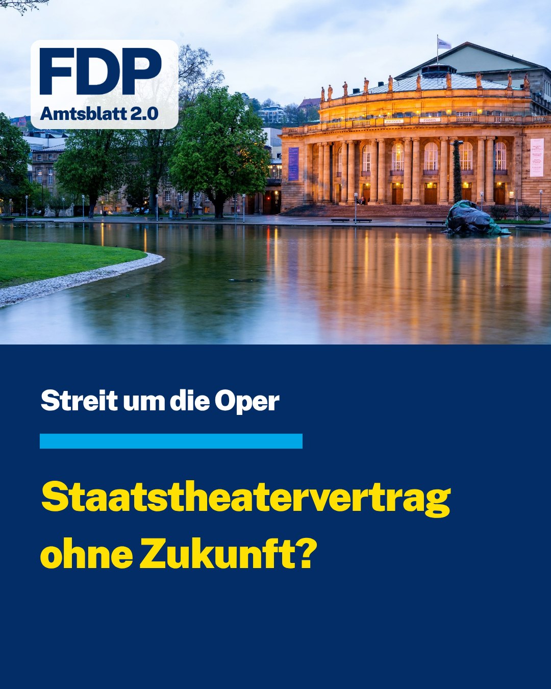 Staatstheater-Umbau erneut vertagt – jetzt ist das Land am Zug. ⏳
Der Gemeinderat hat den Vorprojektbeschluss zum Interimsstandort der Staatstheater heute erneut abgesetzt – die Landes-CDU blockiert wegen der Kosten. Die Kostenkritik teilen wir, doch die neue Expertenrunde bedeutet vor allem eines: noch mehr verlorene Zeit, während der Littmann-Bau weiter bröckelt. Wir fordern einen klaren Rahmen und endlich den Start.
💶 Kostendeckel statt Blankoscheck: Wir haben 1 Mrd. Euro als Obergrenze für das Projekt beantragt.
🏛️ Land in der Pflicht: Der Staatstheatervertrag soll Kosten und Nutzen der Oper fair zwischen Stuttgart und dem Land teilen – jetzt muss das Land liefern.
⏰ Frist bis Jahresende: Bis dahin muss sich die Landesregierung positionieren, sonst steht der ganze Vertrag zur Debatte.
Die Oper gehört zu Stuttgart – die Rechnung darf trotzdem nicht allein bei der Stadt landen.
👉 Sollte das Land jetzt Farbe bekennen?