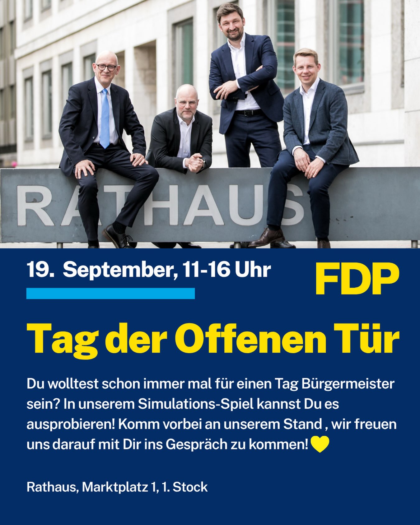 Schon mal überlegt, wie ist es als Bürgermeister einen Haushaltsplan zu erstellen?🙇🏻
Genau das könnt ihr an unserem Stand am Tag der Offenen Tür (19. September) ausprobieren. Mit Hilfe von KI haben wir einen Simulator erstellt, der dich für einie Minuten in die Rolle eines Bügermeisters oder einer Bürgermeisterin schlüpfen lässt.🤵🏻♂️
Neugierig geworden? Dann besuche uns ab 11 Uhr im 1. Stock des Rathauses und komm mit unseren Stadträten ins Gespräch💛
Eine süße Überraschung gibt es ebenfalls🍬
#fdp #gemeinderat #stuttgart #tagderoffenentür
