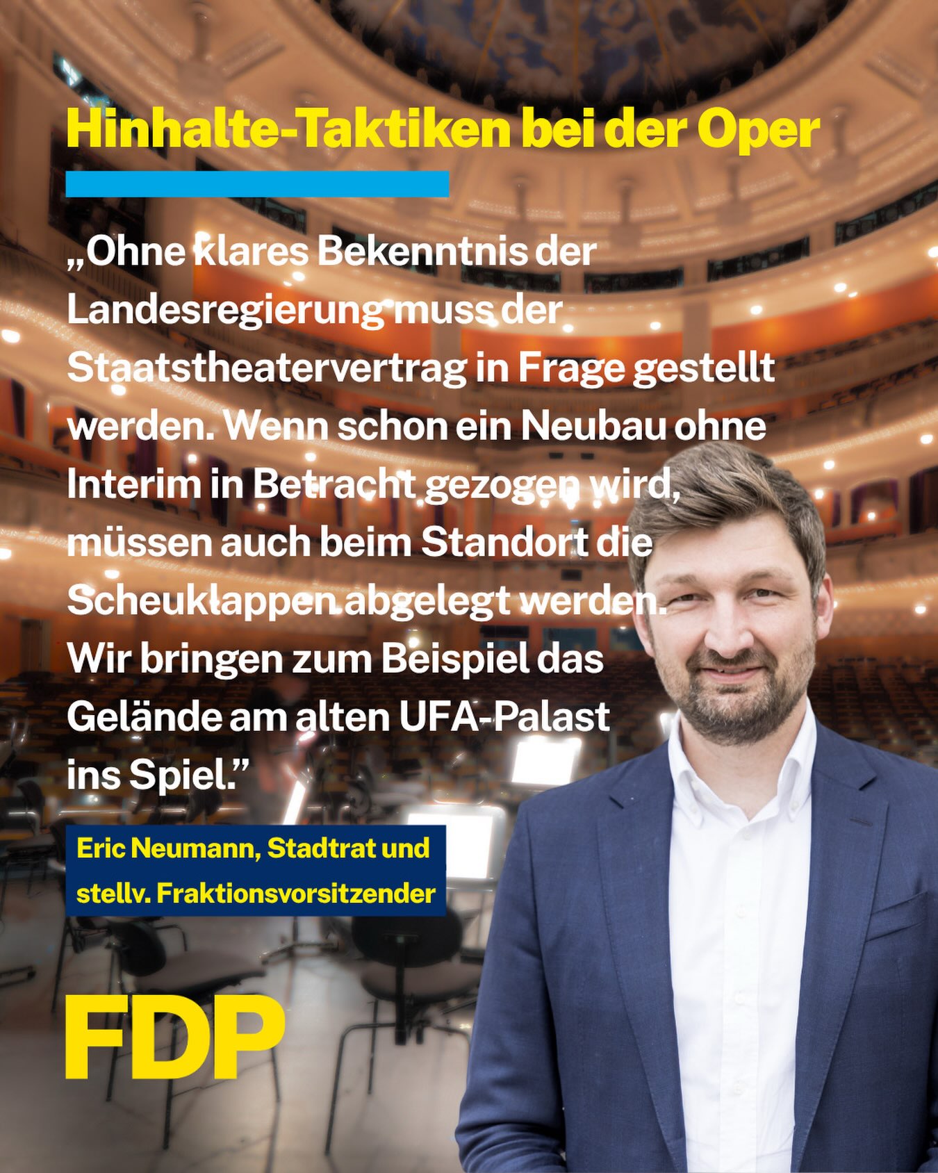 🎭 Oper Stuttgart: Wie lange noch Drama statt Entscheidung?🏛️
Bei der Opernsanierung geht es wieder nicht voran: Die CDU-Landtagsfraktion stellt sich quer, und Ministerpräsident Özdemir beruft erst einmal eine Expertenrunde ein. Für uns ist das Zeitschinden. Hohe Kosten sehen auch wir kritisch, deshalb haben wir einen Kostendeckel von 1 Mrd. Euro gefordert. Genauso wichtig ist aber, dass bald gebaut wird⏳
📅 Wir fordern von der Landesregierung bis Ende des Jahres eine verbindliche Aussage zur Zukunft der Oper, egal ob Sanierung oder Neubau
⚠️ Der Staatstheatervertrag funktioniert nur, wenn Stadt und Land als verlässliche Partner ein gemeinsames Ziel haben. Ohne ein klares Bekenntnis des Landes müssen wir den Vertrag in Frage stellen
💡 Falls ein Neubau kommt, darf auch beim Standort nichts tabu sein. Wir bringen das Gelände am alten UFA-Palast ins Spiel, als Publikumsmagnet wie die Oper in Kopenhagen oder die Elbphilharmonie
Wie siehst du die Zukunft der Oper: Sanierung oder Neubau? Schreib es uns in die Kommentare⬇️
#fdp #gemeinderat #stuttgart #oper #staatstheater kultur
